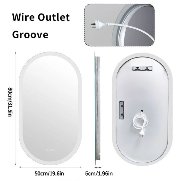 Dimmable 3 Colors Anti-Fog Light Memory IP65 CRI95 Large Wall Mounted Oval Mirror with lamp(WH-MR-102)