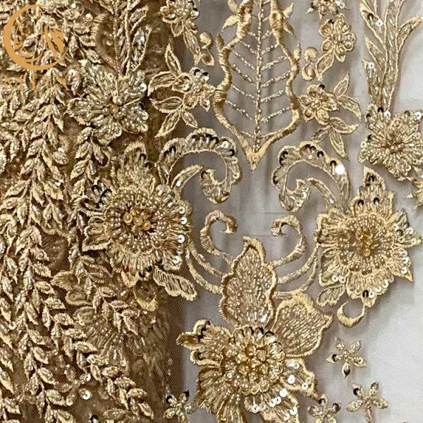Luxury Gold Heavy Beaded Shiny Lace Fabric For Women Party Dresses