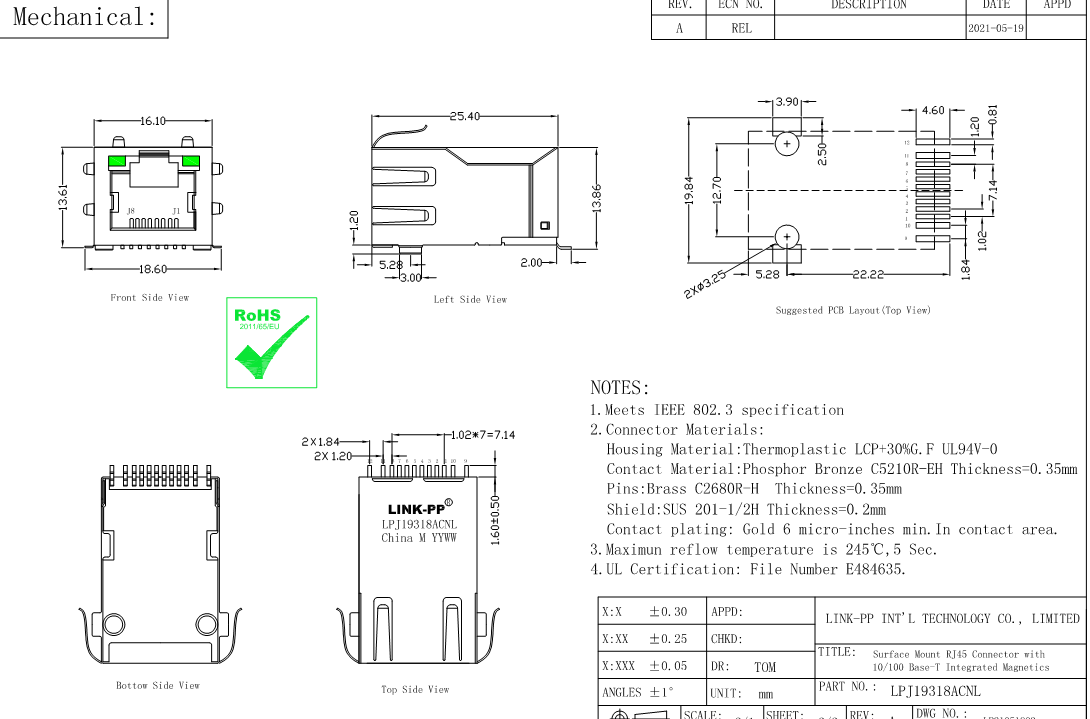 Соединитель LPJ19318ACNL Magjack SMT RJ45 локальных сетей основания-T J3018G21KT 10/100