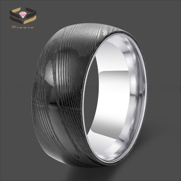 8mm Dome Black Mens Damascus Wedding Band Ring Inlaid Silver Tungsten Sleeve Comfort Fit Geometric Shape Pearl Type Other
