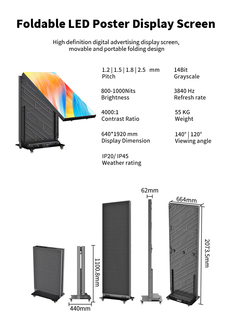 Foldable LED Poster P2.5 GOB Poster LED Screen Hd Display Stand Totem Double-sided Free Standing Led Poster Screen for Shopping Mall