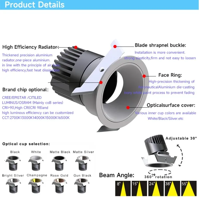 High CRI90 Eye Protection LED Recessed Ceiling Down Light, Frameless Design 15W COB Spot Light for Commercial & Residential Home Lighting