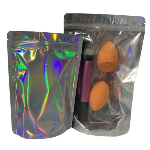 Front clear Mylar Holographic Packaging Bag for Cosmetics Beauty Sponge Packaging