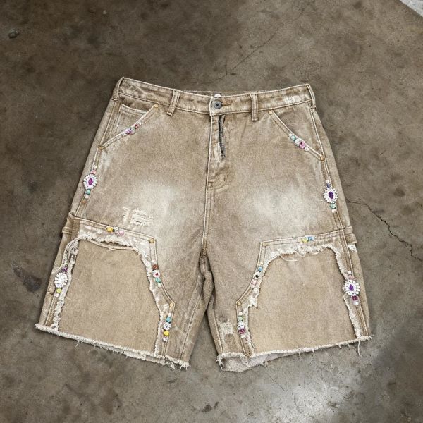 Manufacturer Custom Y2k Straight Jorts Streetwear Shorts Vintage Ripped Denim Distressed Rhinestone Cargo Summer Jeans Pants
