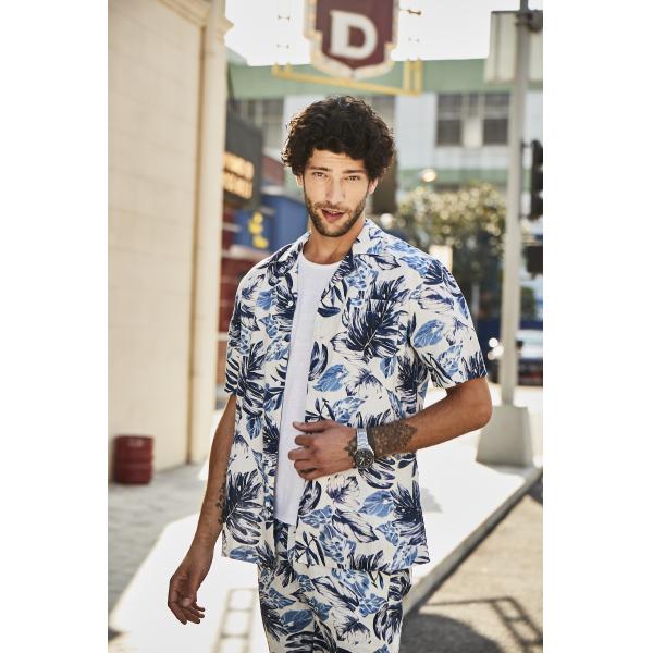 100% Linen Custom Hawaiian Shirts Blue Coolness Tropical Button Up Shirt