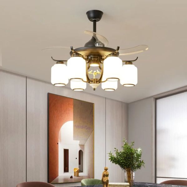 Luxury Ceiling Fan Light Remote LED Electric Fan Light with glass lampshade metal Stealth Fan Light (WH-VLL-28)