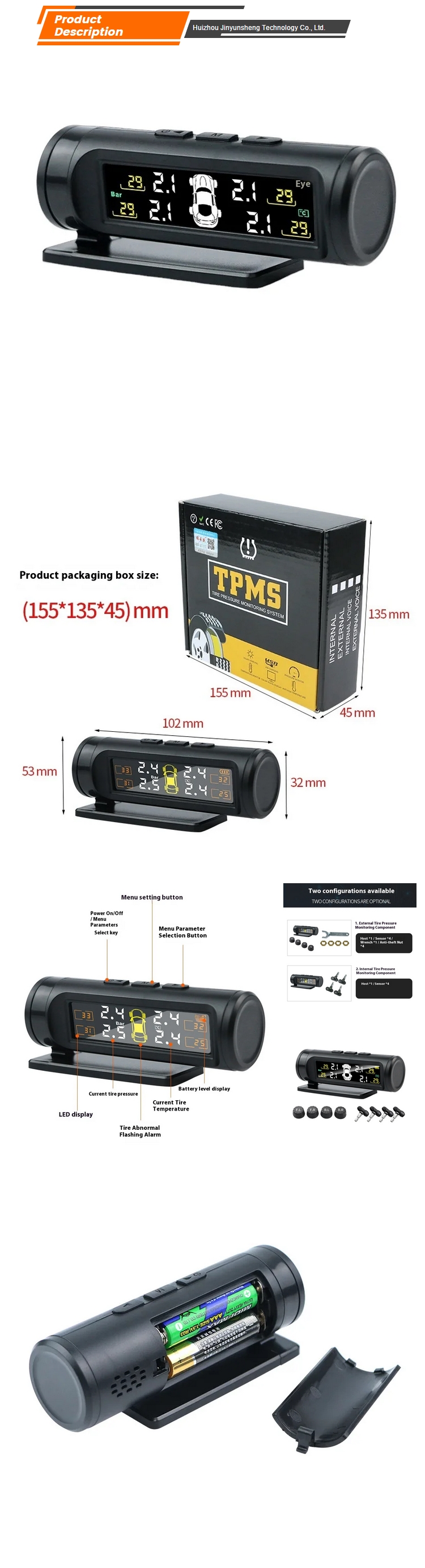High Precision 315MHz Wireless Internal Solar LED Display Hidden TPMS Sensor Universal Fit CE Certified 12V