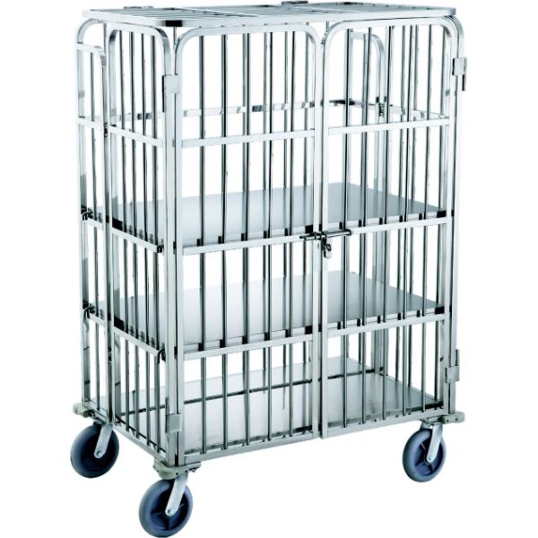 Heavy-duty general distribution caged trolleys for transporting items in storage areas and loading bays