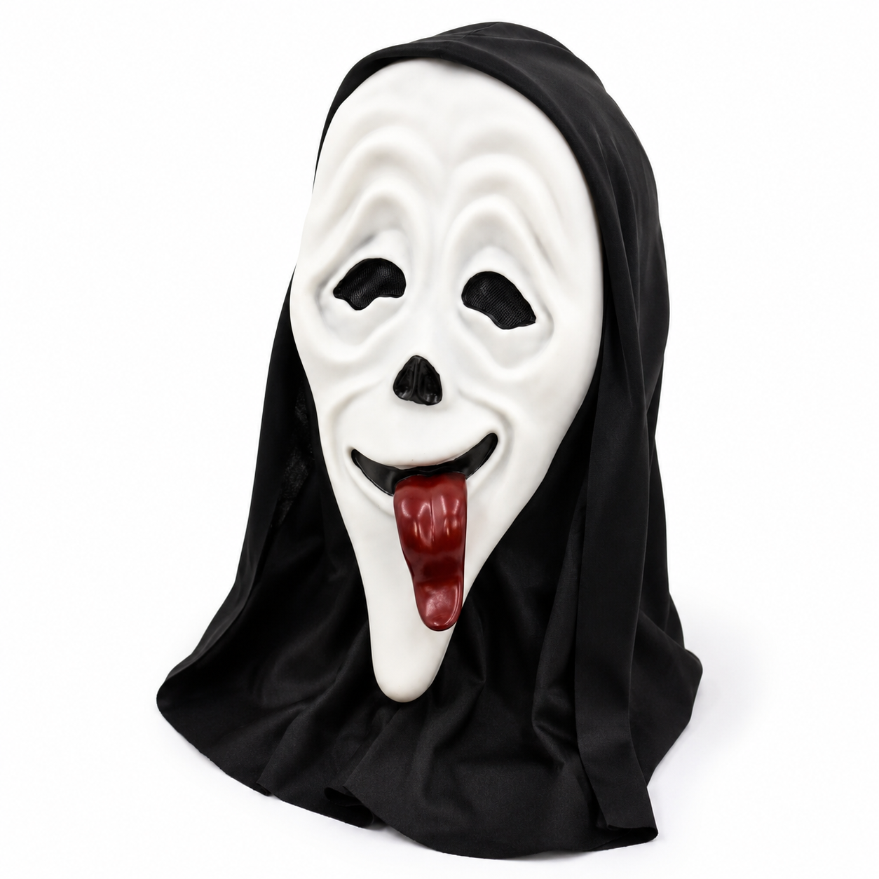 PVC Tongue Scream Mask with Black Hood, White Ghost Face Horror Party Mask, Funny Scary Halloween Cosplay Face Cover for Masquerade, Festival Costume, Stage Props and Photo Video Scenes