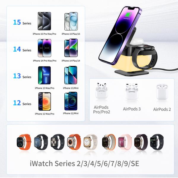 4-в-1 беспроводная зарядная стойка с ночным светом 15W/10W/7.5W/5W выход