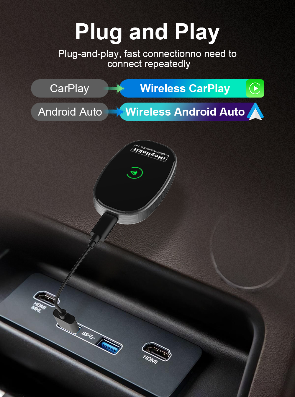 2-in-1 Portable CarPlay & Android Auto Dongle with Wired/Wireless Compatibility USB Plug and Play 1 Year Warranty