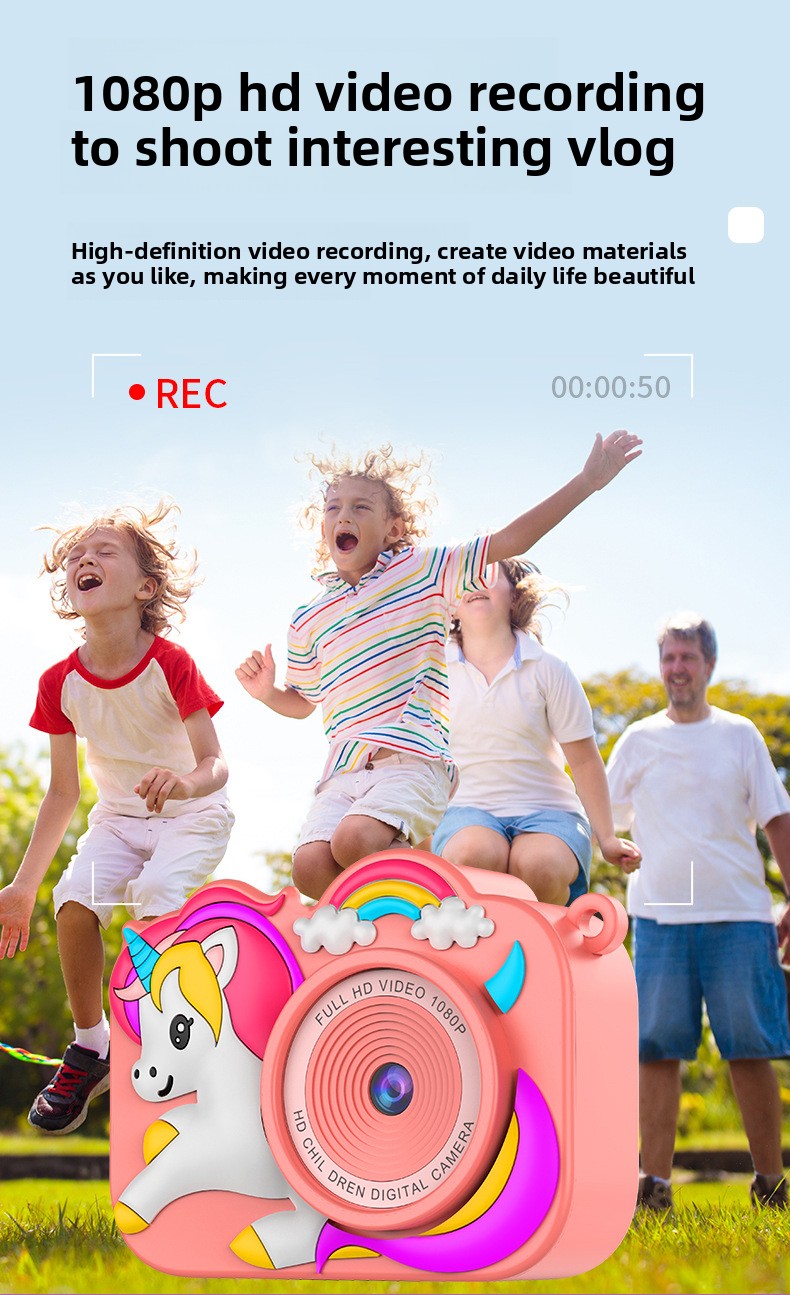 Feitianma 2.0 Inch Screen 1080P HD Dual-lens Children's Camera with Unicorn Graphic Design Children's Toy Gift