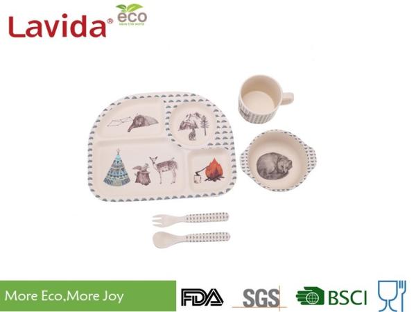 Dishwasher Safe Bamboo Childrens Dinner Set With Serving Tray Bowl Mug Fork Spoon