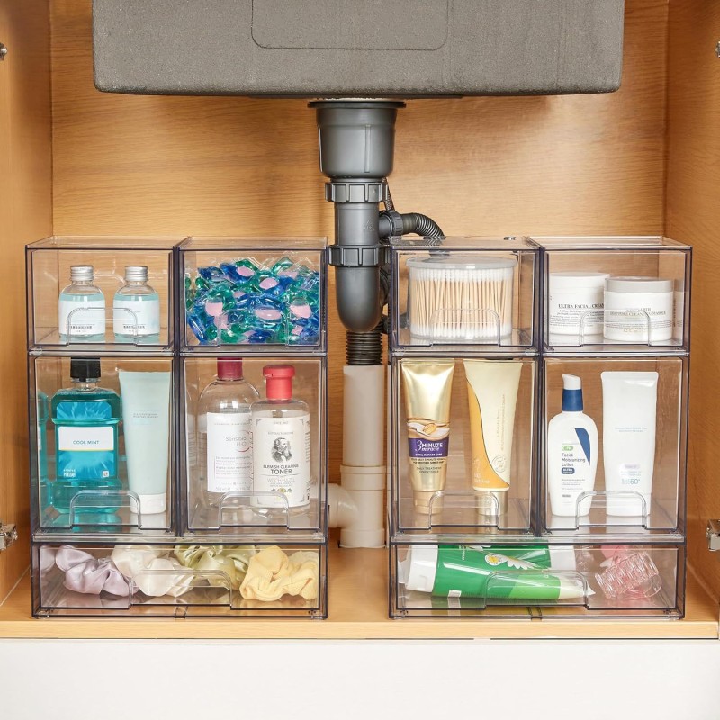 Multi-Tier Clear Makeup Organizer Detachable Stackable Desktop Storage Box Dustproof Cosmetic Display Case with Drawers for Home