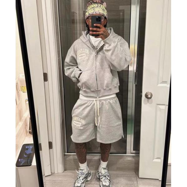 Custom Unisex Sweatsuits Cotton Jogger Suits 2 Piece Set Patchwork Screen Print Plain Baggy Tracksuit for Men Hoodie Short Set