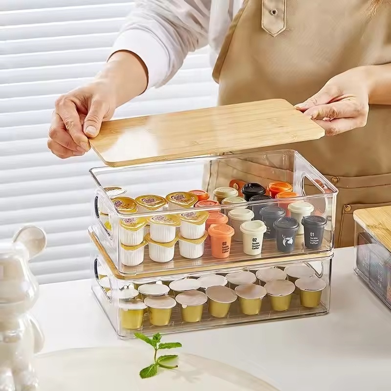 Hot Selling Plastic Transparent Box Stackable Food Storage Bin Kitchen Storage Containers with Wooden Lid