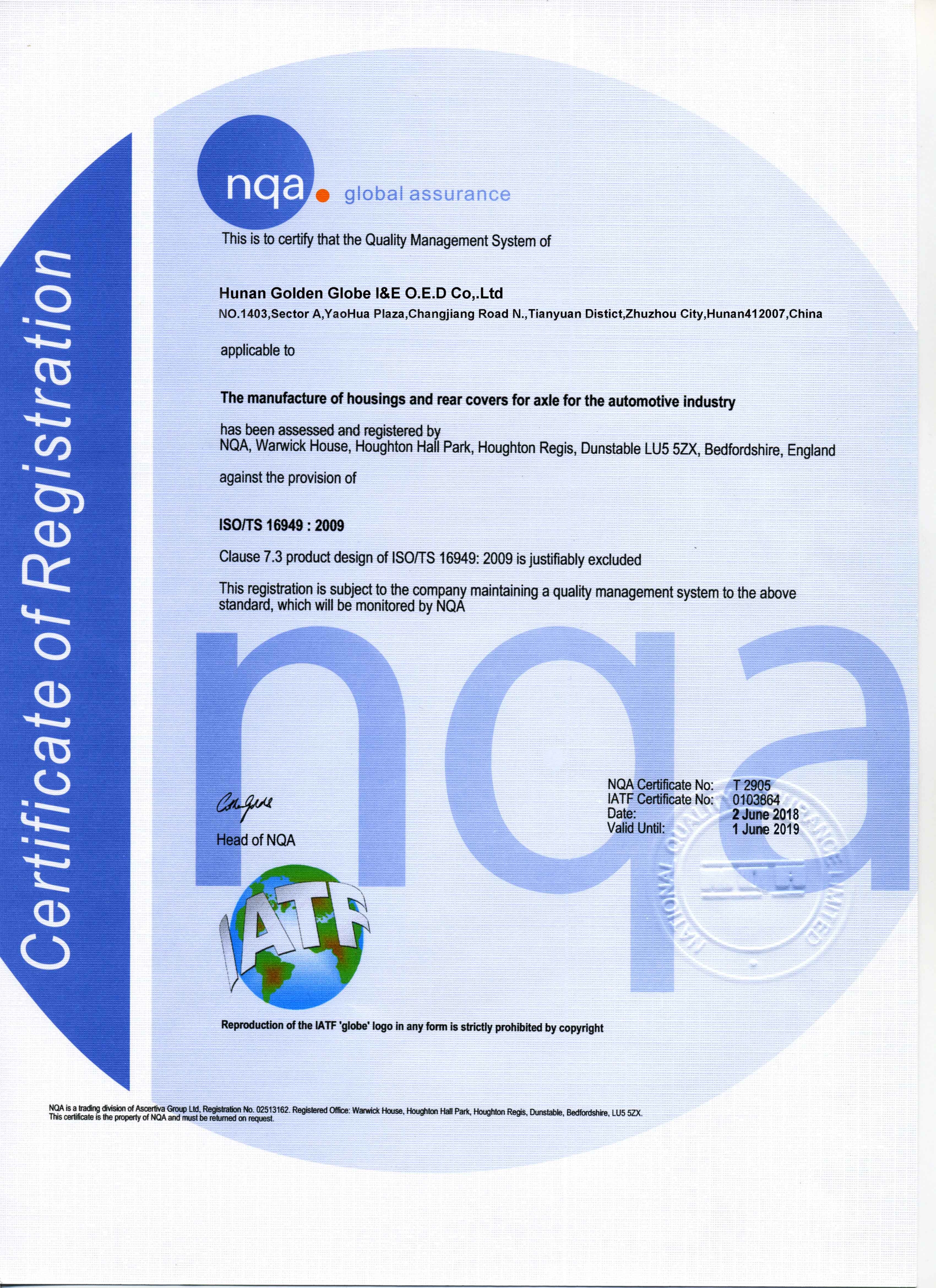 HUNAN GOLDEN GLOBE I AND E OED CO.,LTD. Сертификации