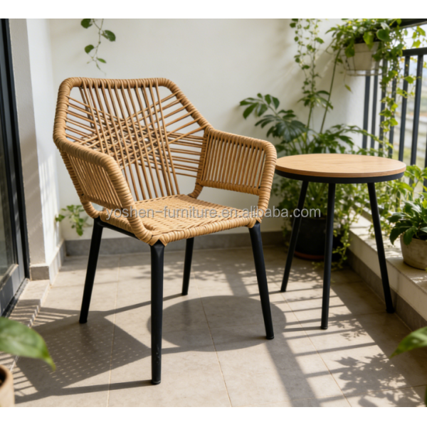Yoshen Stackable Outdoor Hand Woven Rattan Chair Black Frame for Patio Cafe Commercial Use