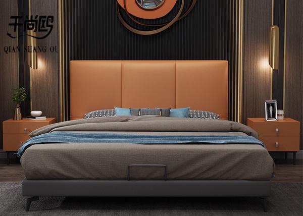 Contrast Color Upholstered Fabric Bed , Cushioned Platform Bed With Pneumatic Storage