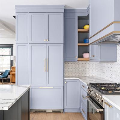 Customized Complete Shaker Villa Design Grayish Blue Solid Wood Standard Kitchen Cabinet Timber Cupboard Made in China