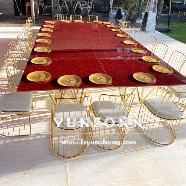 Wedding Furniture Decor Clear Glss Top Gold Rectangular Elegant Dining Table Centerpieces for Dining Room