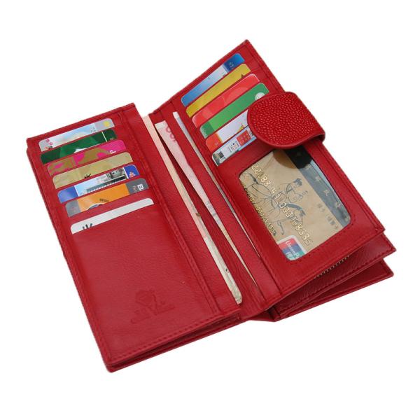 Authentic Real Stingray Skin Women's Long Red Wallet Lady Card Holders Genuine Leather Female Large Phone Clutch Purse