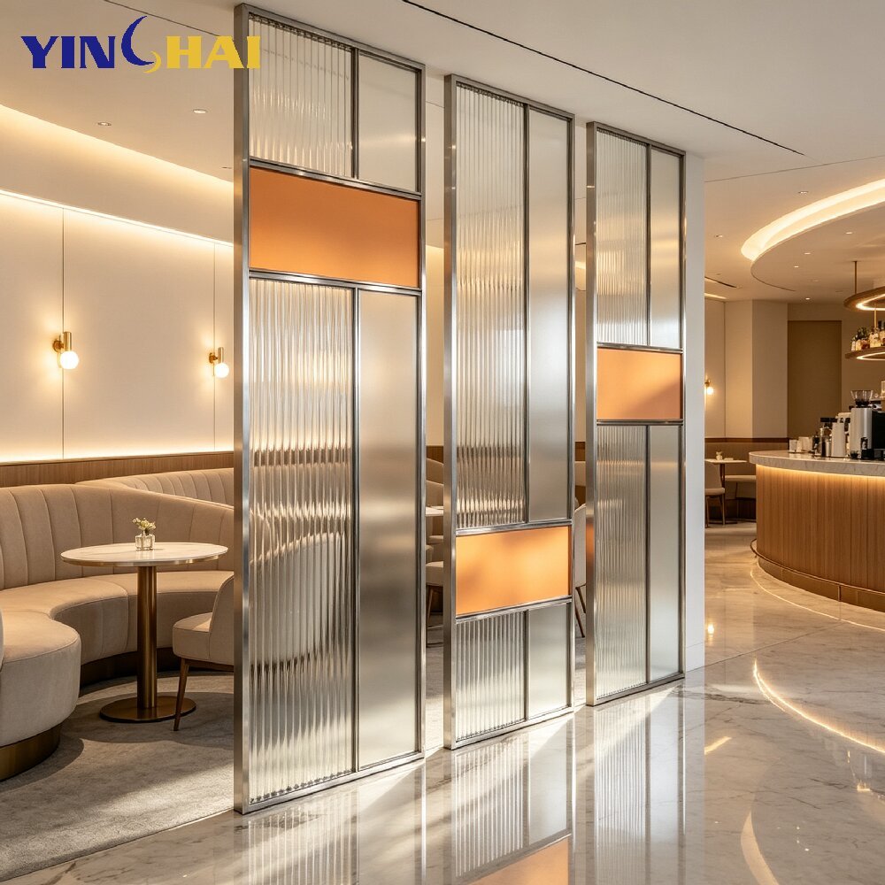 Custom Modern Stainless Steel Screen Partition With Reeded Glass & Color Panels