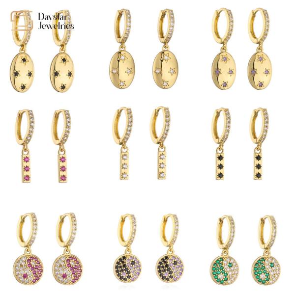 Diamond Zircon 18k Gold Plated Jewelry Yin Yang Pendant Hoop Earrings