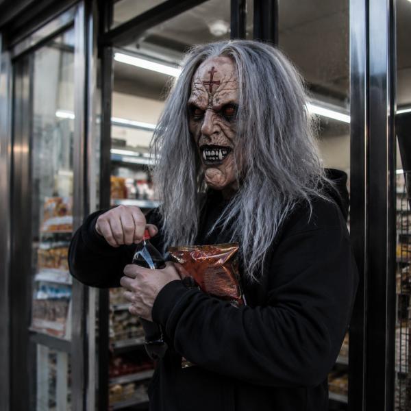 Scary Demonic Elder Zombie Latex Full Head Mask with Gray Hair Wrinkled Rotting Skin Red Glowing Eyes Sharp Horror Teeth Realistic Horror Costume Prop for Halloween Cosplay Party Haunted House