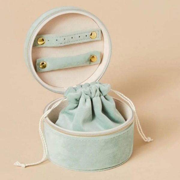 Round PU Leather Jewellery Box Organizer Wth Zipper Closure And Drawstring Pouch