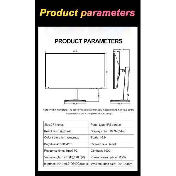 Flat Screen PC Gaming Monitor 27 Inches Multi Interface With Height Adjustable Bracket
