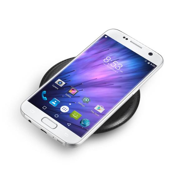 Round PU covered Qi wireless phone quick full 10w charger for all mobile at home or outside travel