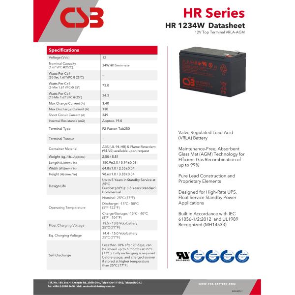 CSB Battery HR1234W 12V 34W 12V 9Ah Rechargeable Maintenance-Free Lead Acid AGM 9Ah Battery