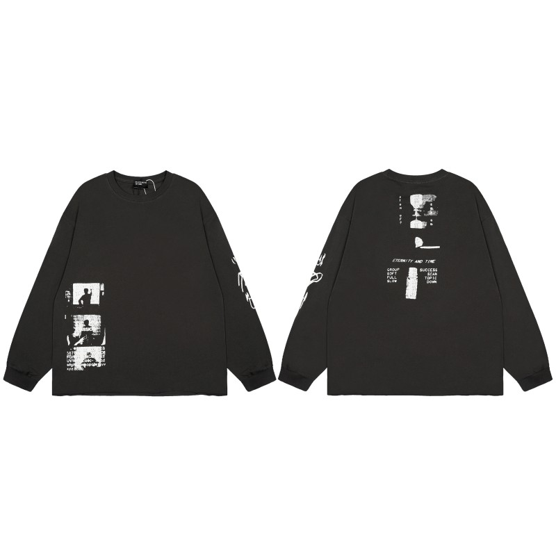 Wash Black Men's Women's Oversized Knitted Vintage Printed T-shirt 100% Cotton Long Sleeve Breathable Digital Print Retro Couple