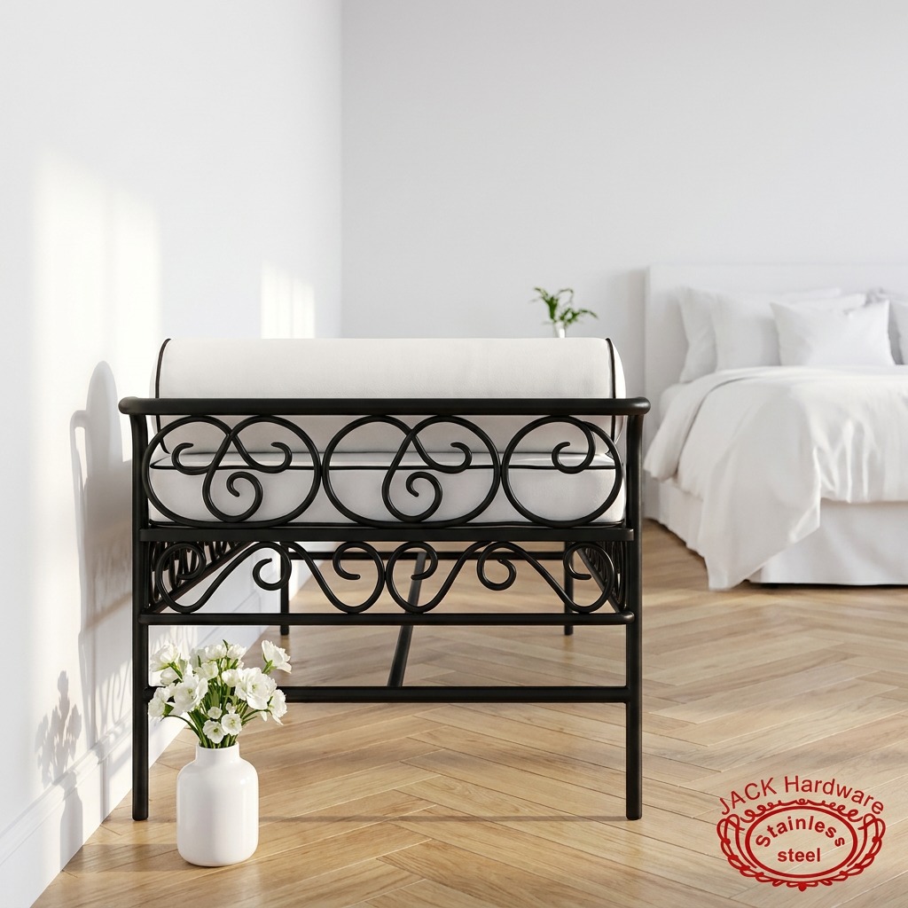 WENDING Black Iron Scrollwork Bed End Bench – White Bolster Ottoman Hotel Bedroom Bench