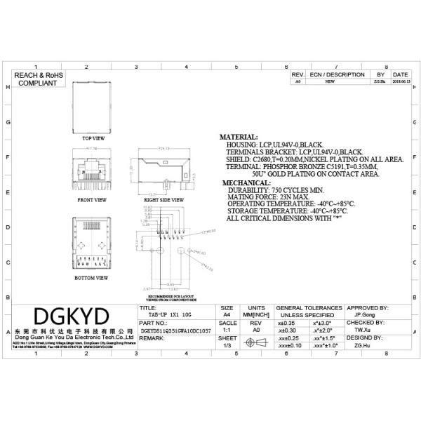 Разъем-розетка соединителя 8P8C сети DGKYD811Q351GWA10DC1057 10G rj45 с гнездом блока шрапнели rj45 модульным