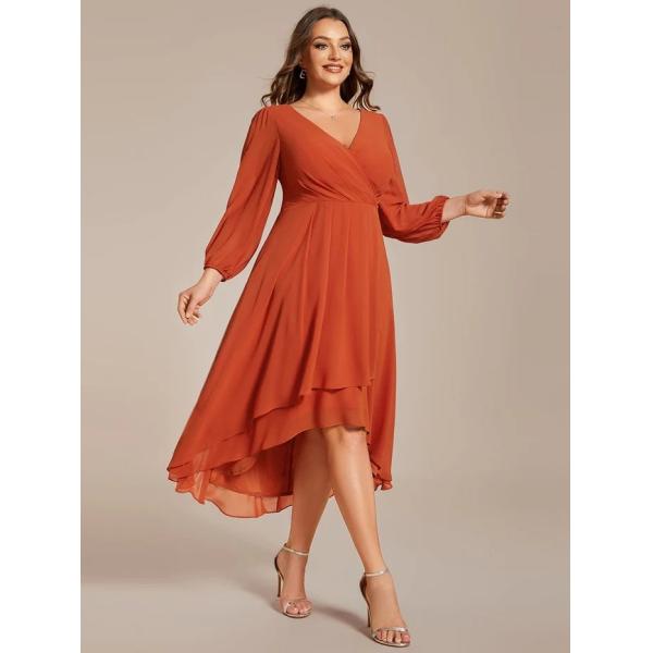 Elegant Empire Long Sleeve V-neck High Low A-line Ruffled Midi Burnt Orange Chiffon Wedding Guest Cocktail Dress