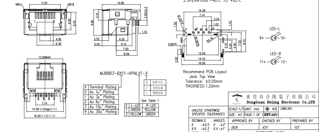 Прямоугольная плата 8P8C вниз с женского соединителя PCB RJ45