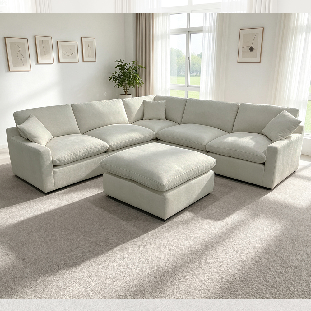 Sectional Modular Sofa with Feather Blend Seat Cushion and Pillows, Light Gray Fabric