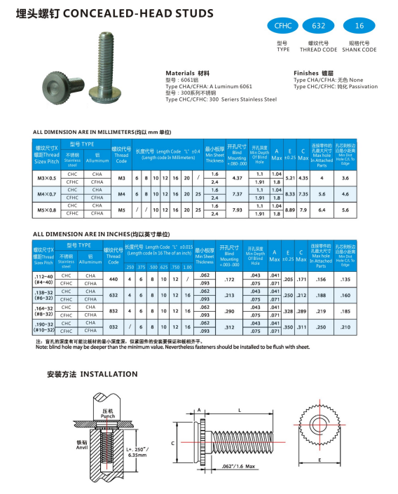 Self Clinching Countersunk Knurled Concealed Head Studs Fasteners Aluminum Stainless Steel