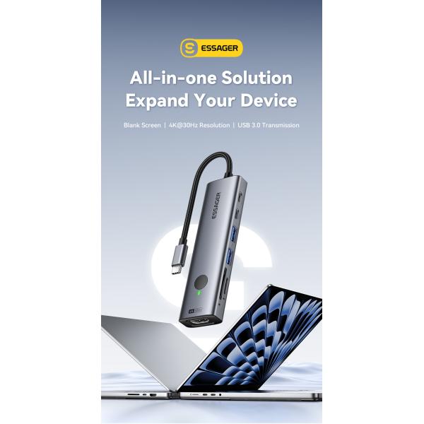 ESSAGER ES-HB03 Series 7 in 1 USB-C USB-A SD TF Port 3.0 Best USB Port Hub