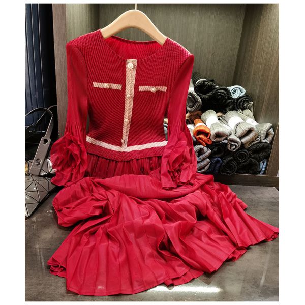 European Station Mid-Length Pleated Skirt New Fashion Neck Splicing Slim Dress Casual Chiffon Natural Waistline Day