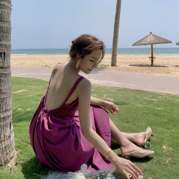 Sexy Solid Color Backless Summer Beach Vacation Dresses