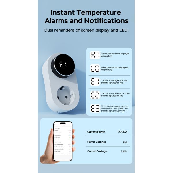 Smart Dual-Mode 16A 100-240V Temperature Controller Alexa/WiFi Connectivity LED Knob Temp Alarm for Power Socket Plug