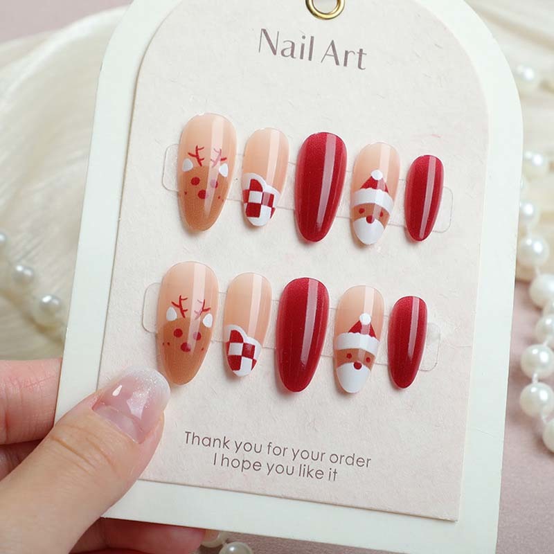 Medium Almond Christmas Holiday False Nails Gentle On Natural Nails