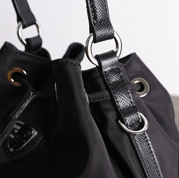 Head Layer Leather Womens Leather Bag 22cm Black Drawstring Bucket Bag