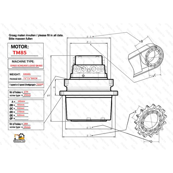 Belparts Excavator Travel Motor Assy TM85 SY485 XCM490 LG950 SK480 Final Drive Assy For Kobelco Sany