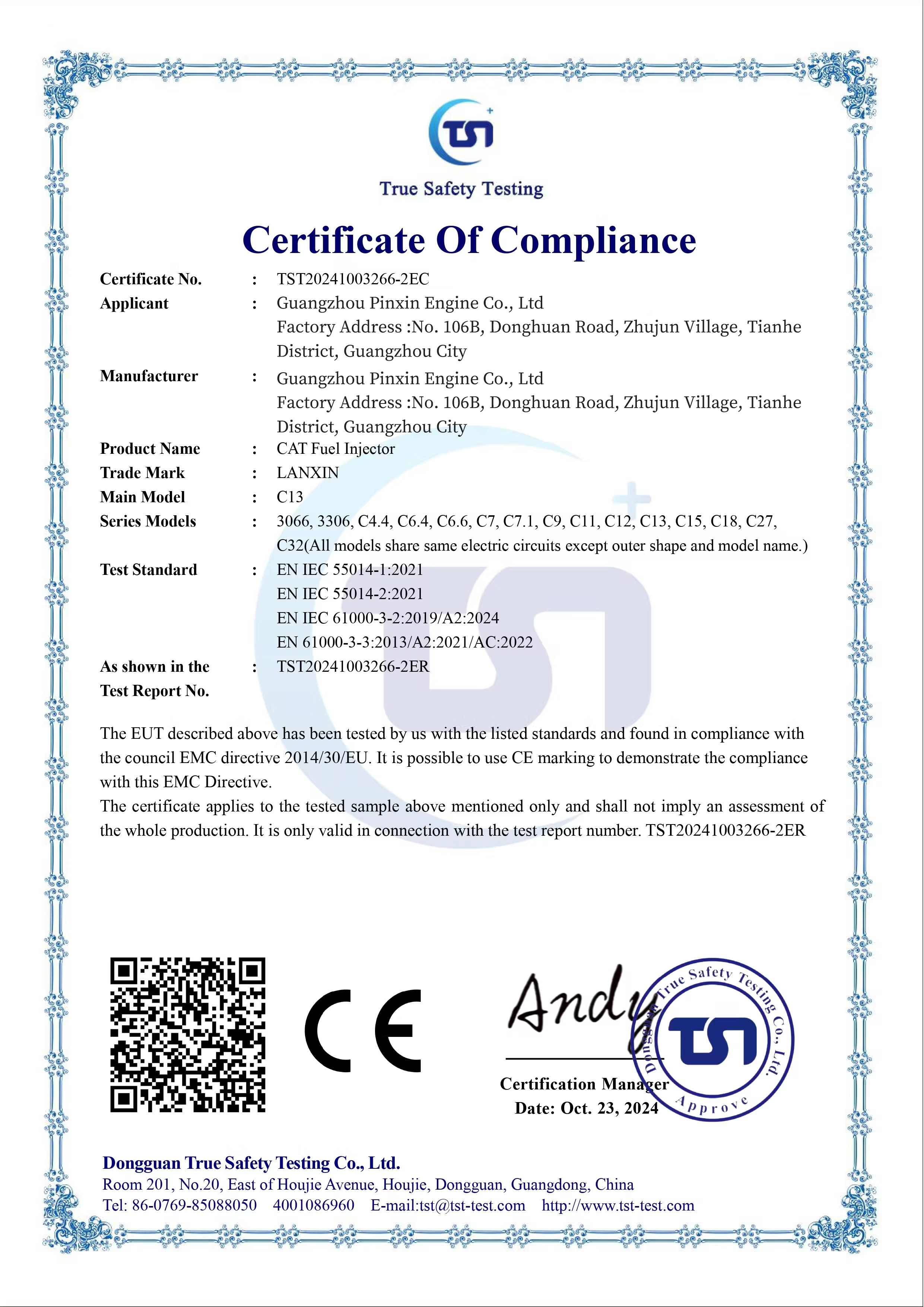 Guangzhou Pinxin Engine Co., Ltd. Certifications