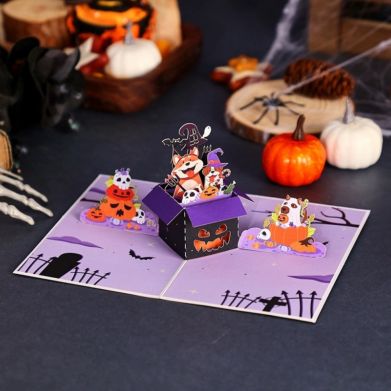 Halloween 3D Pop Up Greeting Card With Cute Dogs And Pumpkin Box Design