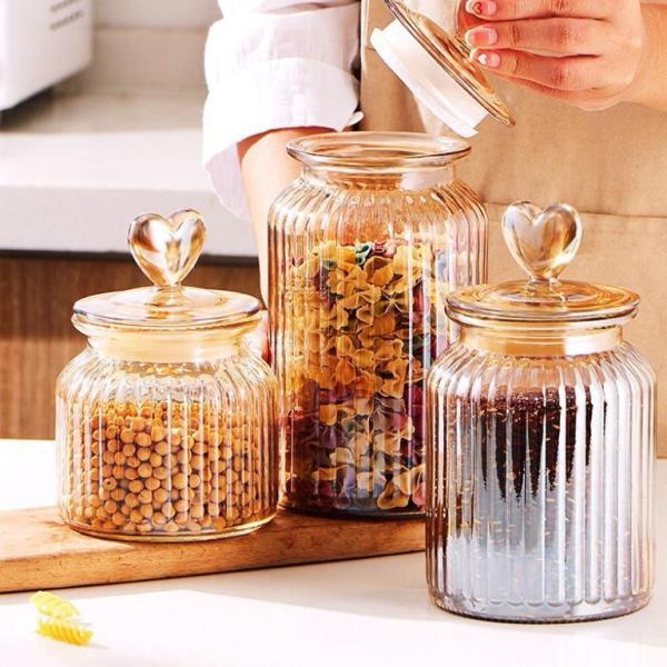 Heart shaped lid, glass jar, sealed jar, colored storage jar, household flower tea storage, candy and snack jar